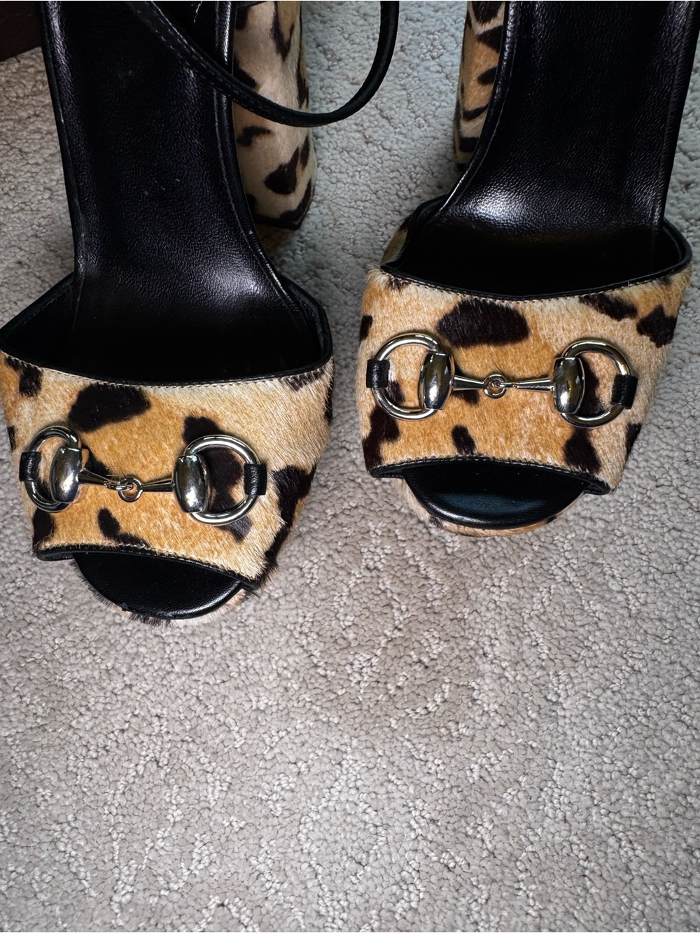 Gucci Leopard Platform Peep-Toe Heels With Gold Hardware Accent & Strap - Picture 4 of 9